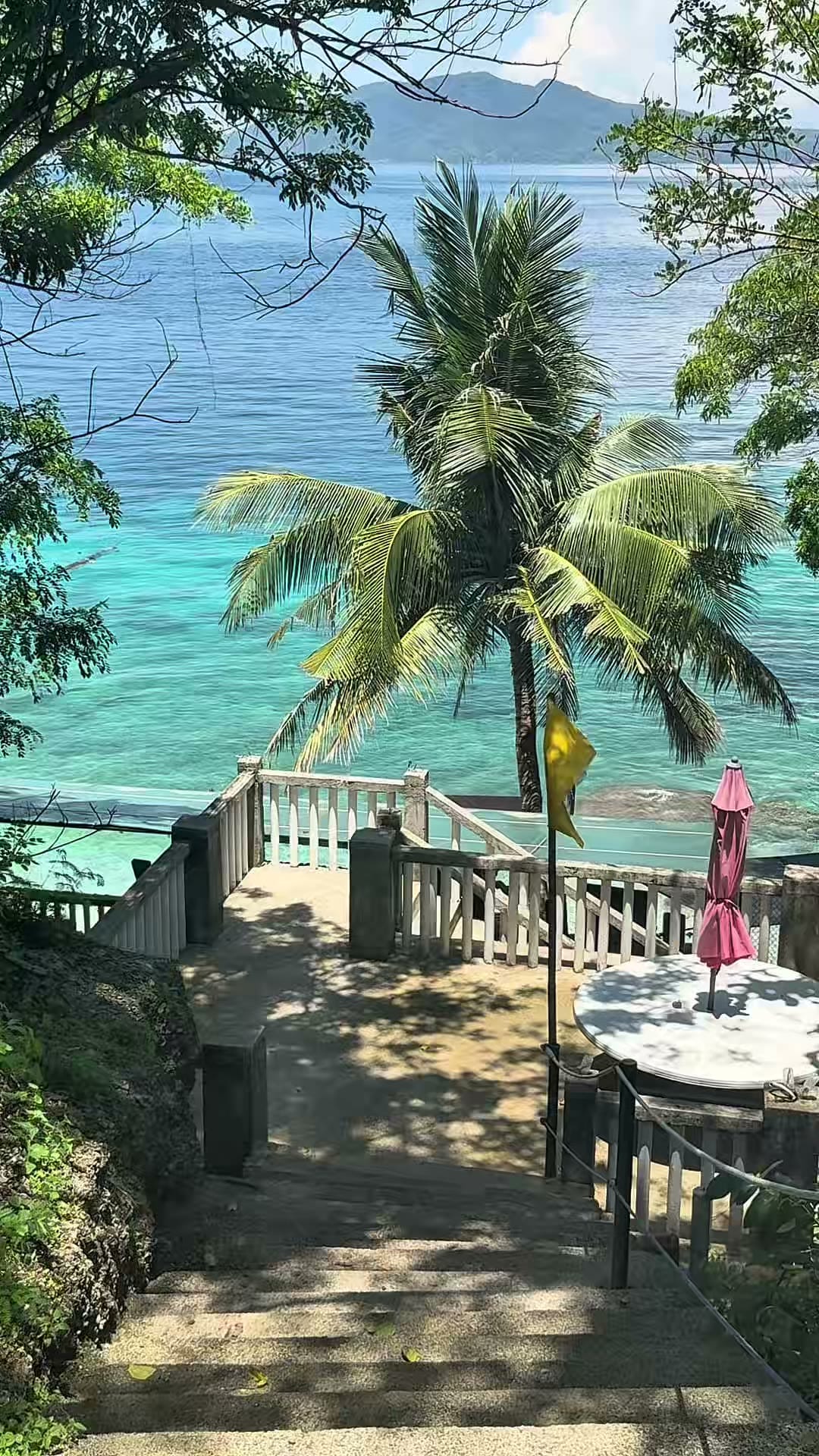 Steps leading down to a turquoise cove framed by palm trees in Batangas