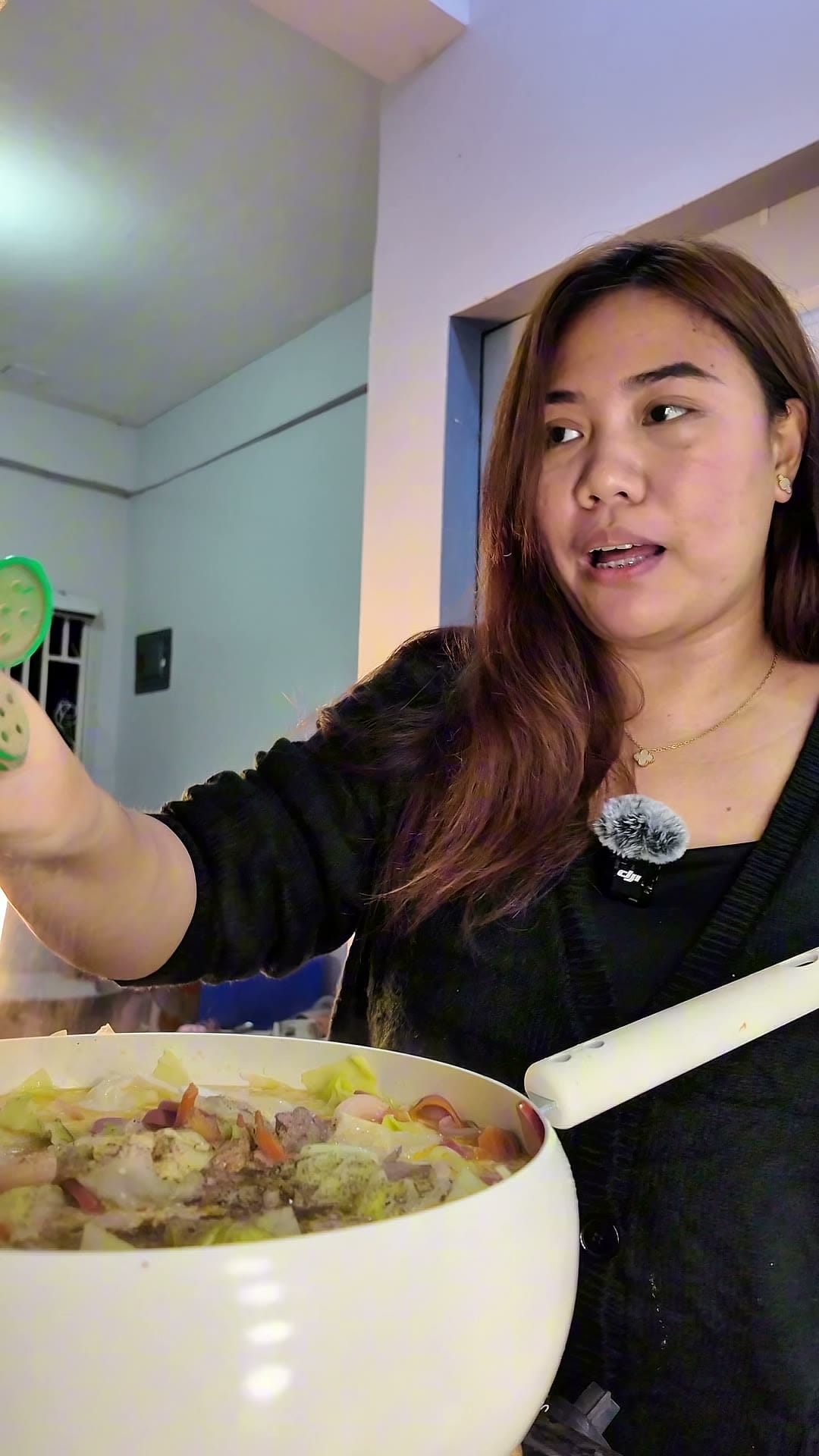 Start to finish on a pot of soup — aromatics, the pasta going in, and the first bowl, talking to camera the whole way.